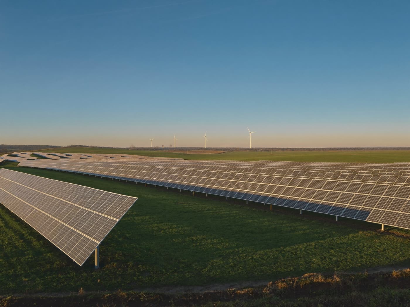 Solar farm in warm golden morning light with wind turbines on the horizon
